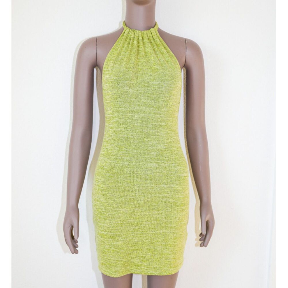 Lime Green Halter Bodycon Mini Dress Small Open Back Party Y2K Club Night Out